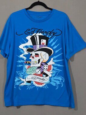 Ed Hardy Skull Graphic T Shirt XL Blue Tattoo Dice Money Unisex Y2K